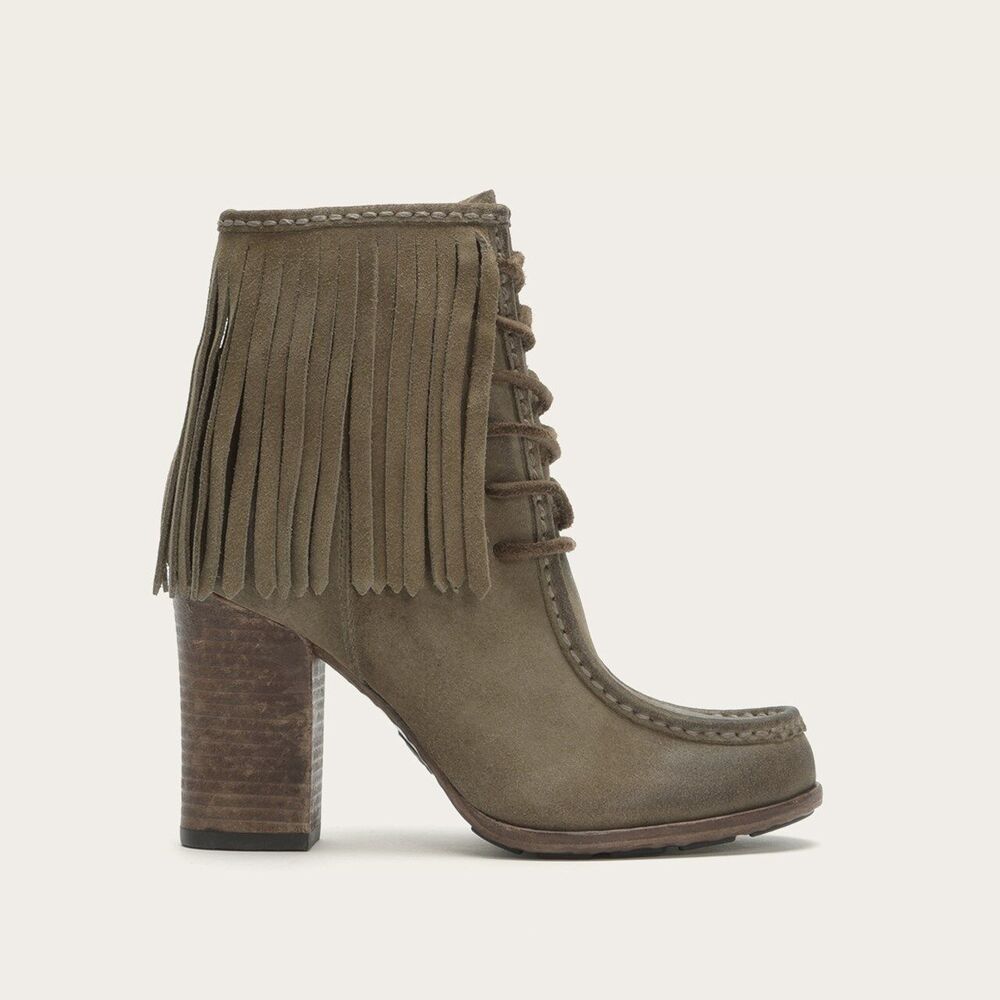 New Womens Parker 5.5 Frye Suede Leather Boots Short Fringe Gray Brown Lace Up